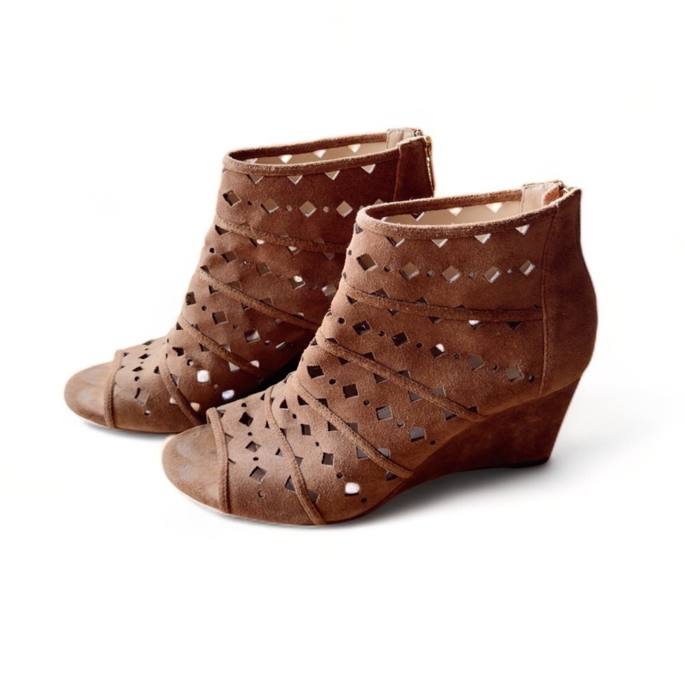 Michael Michael Kors Uma Peep Toe Casual Wedge Ankle Bootie Brown Suede sz 9.5